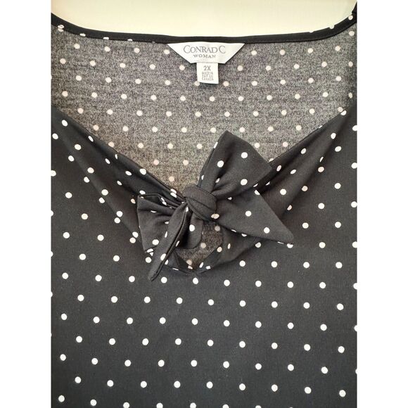 Conrad C Pleated Straps Black V Neck Blouse with White Polka Dots 2X - Picture 4 of 9